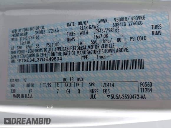 ✅ 2007 Ford Econoline Cargo Commercial • VIN: 1FTSE34L37DB49604 • Lot: 43102604. Listed on IAAI with 144,154 mi. Free auction sales archive from the USA and detailed vehicle history report at DreamBid. Image 9.