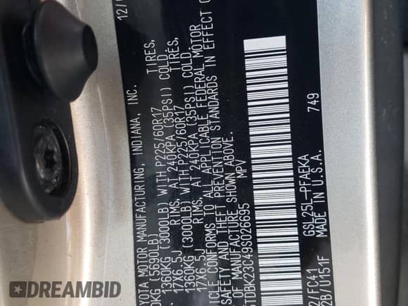 2009 Toyota Sienna LE with VIN 5TDBK23C49S026695, listed as a Copart auction lot 59058435 with 324,336 mi miles and Clean title. Bid and sale history available at DreamBid. Image 13.