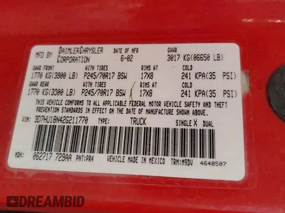 2002 Dodge 1500 z VIN 3D7HU18N42G211770, wystawiony jako Copart lot #82081375 z przebiegiem 181 420 mil mil oraz Czysty tytuł • Clean title. Historia ofert i sprzedaży dostępna na DreamBid. Obrazek 12.