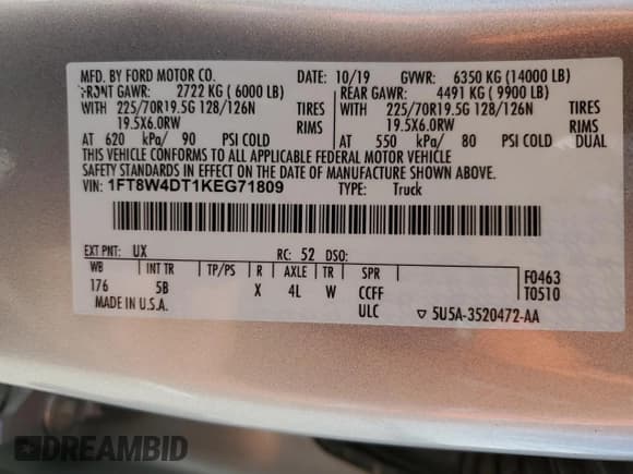 ✅ 2019 Ford F-450 XL • VIN: 1FT8W4DT1KEG71809 • Lot: 47646435. Listed on Copart with 62,687 mi. Free auction sales archive from the USA and detailed vehicle history report at DreamBid. Image 14.