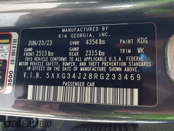 ✅ 2024 Kia K5 EX • VIN: 5XXG34J28RG233469 • Lot: 43288846. Listed on IAAI with 23,278 mi. Free auction sales archive from the USA and detailed vehicle history report at DreamBid. Image 9.