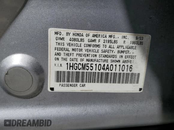 ✅ 2004 Honda Accord DX • VIN: 1HGCM55104A011016 • Lot: 50946625. Listed on Copart with 200,470 mi. Free auction sales archive from the USA and detailed vehicle history report at DreamBid. Image 14.