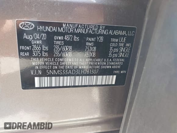 ✅ 2020 Hyundai Santa Fe SEL • VIN: 5NMS33AD3LH261307 • Lot: 42940601. Listed on IAAI with 95,444 mi. Free auction sales archive from the USA and detailed vehicle history report at DreamBid. Image 9.