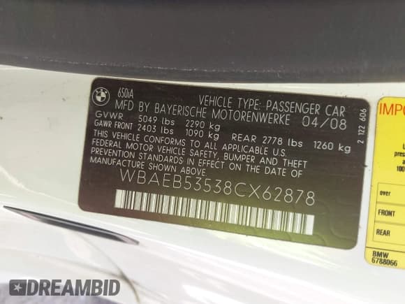 ✅ 2008 BMW 6 Series 650i • VIN: WBAEB53538CX62878 • Lot: 42516252. Listed on IAAI with 106,362 mi. Free auction sales archive from the USA and detailed vehicle history report at DreamBid. Image 9.