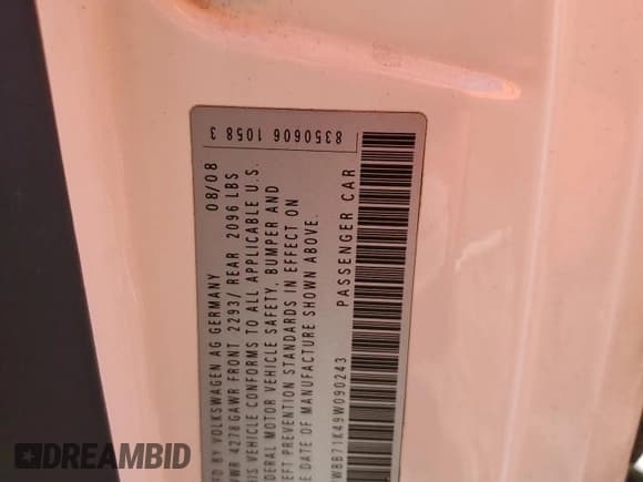 ✅ 2009 Volkswagen Rabbit S • VIN: WVWBB71K49W090243 • Lot: 49394655. Listed on Copart with 95,464 mi. Free auction sales archive from the USA and detailed vehicle history report at DreamBid. Image 12.