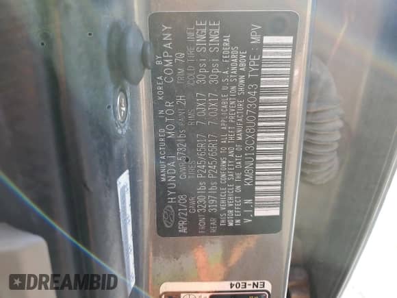 2008 Hyundai Veracruz GLS с VIN KM8NU13CX8U073043, выставлен на аукционе Copart как лот 87115274 с пробегом 233 276 миль миль и Чистый • Clean title. История ставок и продаж доступна на DreamBid. Изображение 13.