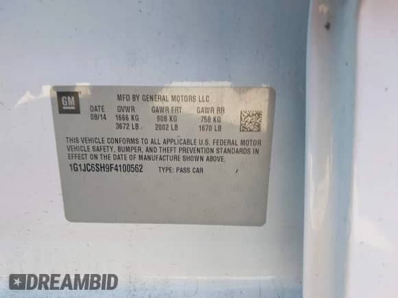 2015 Chevrolet Sonic LT with VIN 1G1JC6SH9F4100562, listed as a IAAI auction lot 43593493 with 127,498 mi miles and . Bid and sale history available at DreamBid. Image 9.