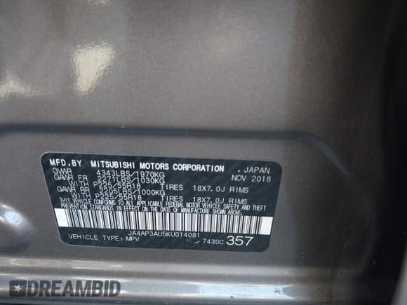 ✅ 2019 Mitsubishi Outlander ES • VIN: JA4AP3AU5KU014081 • Lot: 43539369. Listed on IAAI with 70,542 mi. Free auction sales archive from the USA and detailed vehicle history report at DreamBid. Image 9.