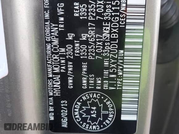 2013 Hyundai Santa Fe Sport with VIN 5XYZUDLBXDG115186, listed as a Copart auction lot 86797415 with 310,404 mi miles and Clean title. Bid and sale history available at DreamBid. Image 13.