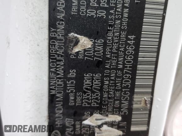 ✅ 2007 Hyundai Santa Fe GLS • VIN: 5NMSG13D97H069644 • Lot: 78723864. Listed on Copart with 154,258 mi. Free auction sales archive from the USA and detailed vehicle history report at DreamBid. Image 13.