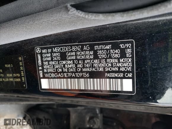 ✅ 1993 Mercedes-Benz 500 • VIN: WDBGA51E7PA109156 • Lot: 86609194. Listed on Copart with 137,885 mi. Free auction sales archive from the USA and detailed vehicle history report at DreamBid. Image 12.