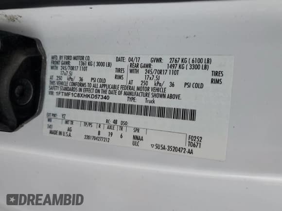 ✅ 2017 Ford F-150 XL • VIN: 1FTMF1C8XHKD57340 • Lot: 92639735. Listed on Copart with 225,904 mi. Free auction sales archive from the USA and detailed vehicle history report at DreamBid. Image 13.