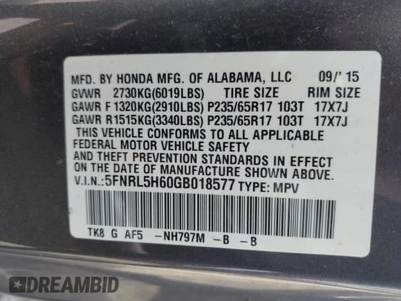 ✅ 2016 Honda Odyssey EX-L • VIN: 5FNRL5H60GB018577 • Lot: 42905111. Listed on IAAI with 209,416 mi. Free auction sales archive from the USA and detailed vehicle history report at DreamBid. Image 9.