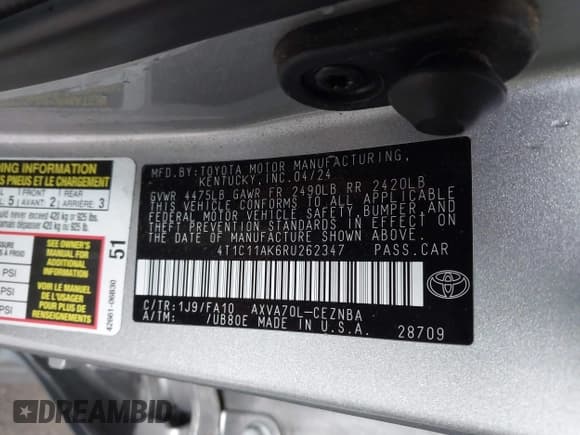 ✅ 2024 Toyota Camry LE • VIN: 4T1C11AK6RU262347 • Лот: 43635303. Опубликован ранее на IAAI с пробегом 35 081 миль. Бесплатный доступ к архиву аукционных продаж из США и подробный отчёт об истории автомобиля на DreamBid. Изображение 9.