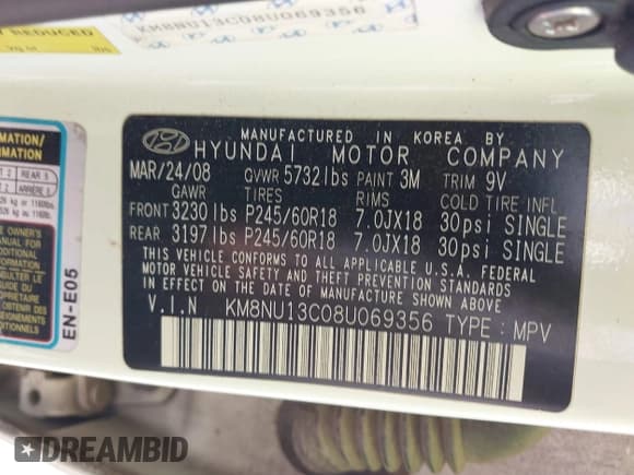 ✅ 2008 Hyundai Veracruz GLS • VIN: KM8NU13C08U069356 • Lot: 43315069. Listed on IAAI with 193,982 mi. Free auction sales archive from the USA and detailed vehicle history report at DreamBid. Image 9.