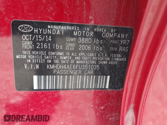 ✅ 2015 Hyundai Elantra SE • VIN: KMHDH4AE6FU351035 • Lot: 42806508. Listed on IAAI with 27,174 mi. Free auction sales archive from the USA and detailed vehicle history report at DreamBid. Image 9.