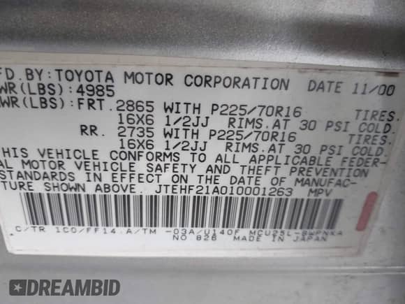 2001 Toyota Highlander с VIN JTEHF21A010001263, выставлен на аукционе IAAI как лот 42788745 с пробегом 178 185 миль миль и . История ставок и продаж доступна на DreamBid. Изображение 9.