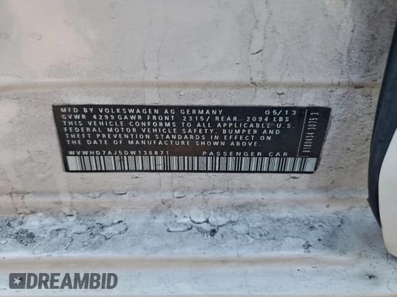 ✅ 2013 Volkswagen Golf GTI • VIN: WVWHD7AJ5DW138871 • Lot: 96555035. Listed on Copart with 165,565 mi. Free auction sales archive from the USA and detailed vehicle history report at DreamBid. Image 13.