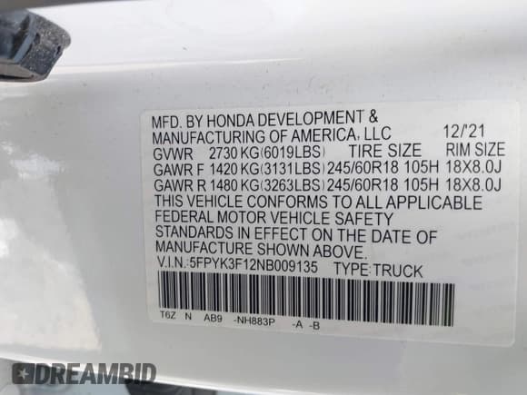 ✅ 2022 Honda Ridgeline Sport • VIN: 5FPYK3F12NB009135 • Lot: 41705000. Listed on IAAI with 50,551 mi. Free auction sales archive from the USA and detailed vehicle history report at DreamBid. Image 9.