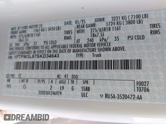 ✅ 2025 Ford F-150 XLT • VIN: 1FTFW3L87SKD34643 • Lot: 43523636. Wystawiony na IAAI z przebiegiem 5 825 mil. Bezpłatny archiwum sprzedaży aukcyjnych z USA i szczegółowy raport historii pojazdu na DreamBid. Zdjęcie 9.