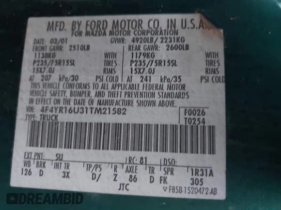 ✅ 2001 Mazda B-Series DS • VIN: 4F4YR16U31TM21582 • Лот: 43847908. Опубликован ранее на IAAI с пробегом 313 381 миль. Бесплатный доступ к архиву аукционных продаж из США и подробный отчёт об истории автомобиля на DreamBid. Изображение 9.