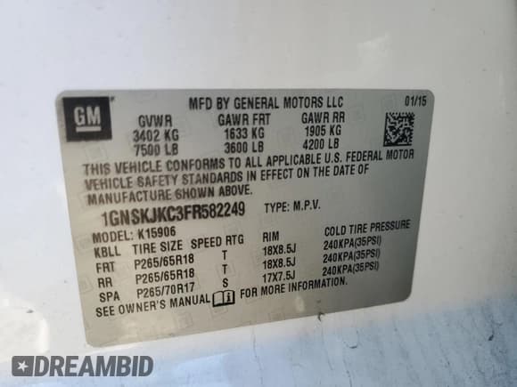 ✅ 2015 Chevrolet Suburban LT • VIN: 1GNSKJKC3FR582249 • Lot: 90625105. Listed on Copart with 145,578 mi. Free auction sales archive from the USA and detailed vehicle history report at DreamBid. Image 13.