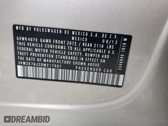 ✅ 2013 Volkswagen Jetta • VIN: 3VW2K7AJ2DM217987 • Lot: 93467715. Listed on Copart with 267,158 mi. Free auction sales archive from the USA and detailed vehicle history report at DreamBid. Image 12.