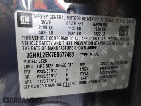 2014 Chevrolet Captiva Sport LS с VIN 3GNAL2EK7ES677488, выставлен на аукционе Copart как лот 82711944 с пробегом 100 491 миль миль и Чистый • Clean title. История ставок и продаж доступна на DreamBid. Изображение 13.