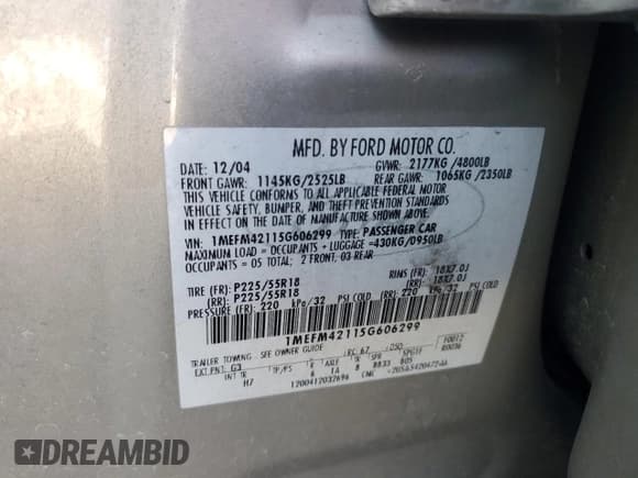 ✅ 2005 Mercury Montego Premier • VIN: 1MEFM42115G606299 • Лот: 89564315. Опубликован ранее на Copart с пробегом Не указан. Бесплатный доступ к архиву аукционных продаж из США и подробный отчёт об истории автомобиля на DreamBid. Изображение 12.