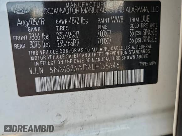 ✅ 2020 Hyundai Santa Fe SE • VIN: 5NMS23AD6LH155646 • Lot: 82552715. Wystawiony na Copart z przebiegiem 61 098 mil. Bezpłatny archiwum sprzedaży aukcyjnych z USA i szczegółowy raport historii pojazdu na DreamBid. Zdjęcie 14.