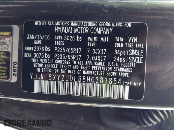 ✅ 2017 Hyundai Santa Fe 2.4L • VIN: 5XYZUDLB8HG383854 • Lot: 43503557. Listed on IAAI with 97,144 mi. Free auction sales archive from the USA and detailed vehicle history report at DreamBid. Image 9.