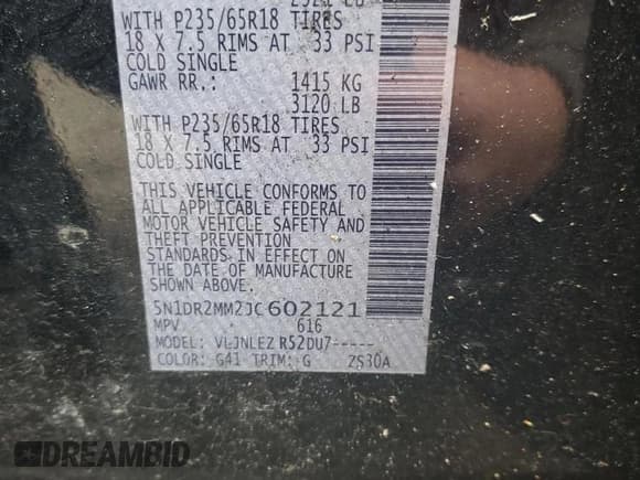 ✅ 2018 Nissan Pathfinder S • VIN: 5N1DR2MM2JC602121 • Lot: 90331085. Wystawiony na Copart z przebiegiem 179 514 mil. Bezpłatny archiwum sprzedaży aukcyjnych z USA i szczegółowy raport historii pojazdu na DreamBid. Zdjęcie 13.