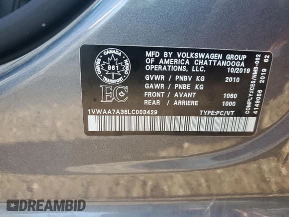 ✅ 2020 Volkswagen Passat S • VIN: 1VWAA7A35LC003429 • Lot: 64452765. Listed on Copart with 115,710 mi. Free auction sales archive from the USA and detailed vehicle history report at DreamBid. Image 12.