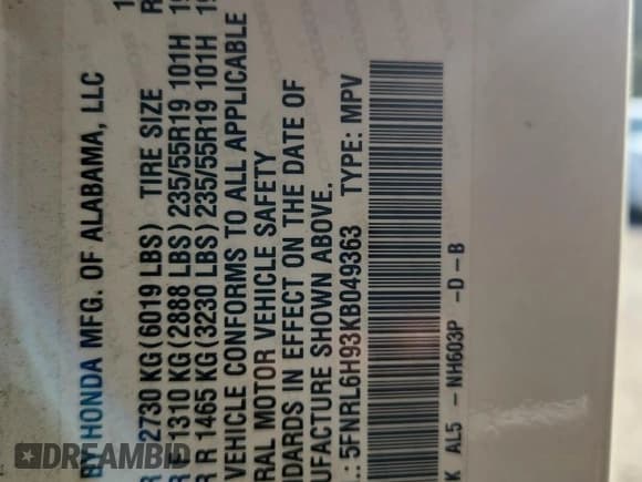 ✅ 2019 Honda Odyssey Elite • VIN: 5FNRL6H93KB049363 • Lot: 86851505. Listed on Copart with 119,395 mi. Free auction sales archive from the USA and detailed vehicle history report at DreamBid. Image 13.