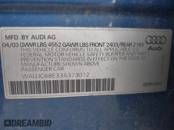 ✅ 2003 Audi A4 1.8T • VIN: WAUJC68E33A373012 • Лот: 42162406. Опубликован ранее на IAAI с пробегом Не указан. Бесплатный доступ к архиву аукционных продаж из США и подробный отчёт об истории автомобиля на DreamBid. Изображение 9.