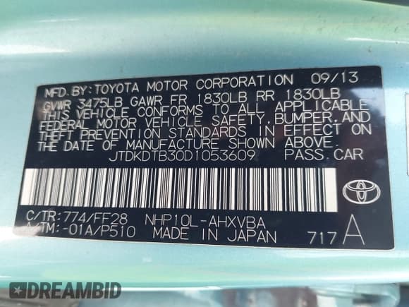 ✅ 2013 Toyota Prius Two • VIN: JTDKDTB30D1053609 • Lot: 43668033. Listed on IAAI with 162,550 mi. Free auction sales archive from the USA and detailed vehicle history report at DreamBid. Image 9.