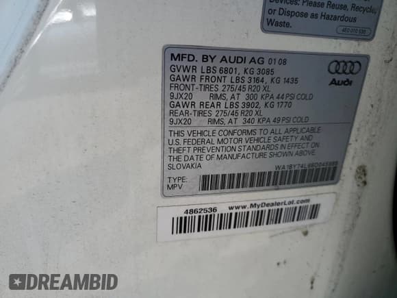 ✅ 2008 Audi Q7 Premium • VIN: WA1BY74L88D045989 • Lot: 68901595. Listed on Copart with Not provided. Free auction sales archive from the USA and detailed vehicle history report at DreamBid. Image 13.