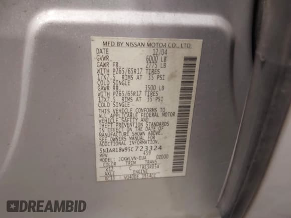 ✅ 2005 Nissan Pathfinder XE • VIN: 5N1AR18W95C723324 • Lot: 43727660. Listed on IAAI with 297,816 mi. Free auction sales archive from the USA and detailed vehicle history report at DreamBid. Image 9.