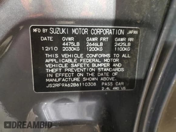 ✅ 2011 Suzuki Kizashi GTS Sport • VIN: JS2RF9A62B6110308 • Lot: 78055734. Listed on Copart with 132,495 mi. Free auction sales archive from the USA and detailed vehicle history report at DreamBid. Image 12.