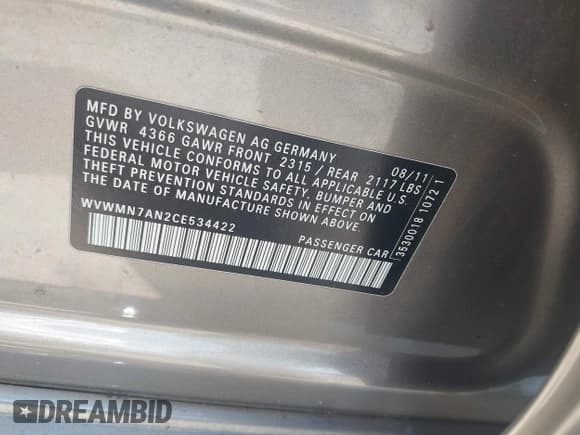 ✅ 2012 Volkswagen CC Sport • VIN: WVWMN7AN2CE534422 • Лот: 43012819. Опубликован ранее на IAAI с пробегом 100 843 миль. Бесплатный доступ к архиву аукционных продаж из США и подробный отчёт об истории автомобиля на DreamBid. Изображение 9.