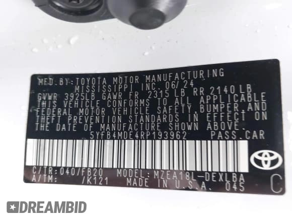 ✅ 2024 Toyota Corolla LE • VIN: 5YFB4MDE4RP193962 • Lot: 43506098. Wystawiony na IAAI z przebiegiem 27 394 mil. Bezpłatny archiwum sprzedaży aukcyjnych z USA i szczegółowy raport historii pojazdu na DreamBid. Zdjęcie 9.