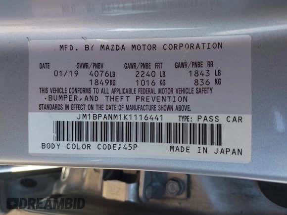 ✅ 2019 Mazda 3 Premium • VIN: JM1BPANM1K1116441 • Lot: 42408173. Listed on IAAI with 40,711 mi. Free auction sales archive from the USA and detailed vehicle history report at DreamBid. Image 9.