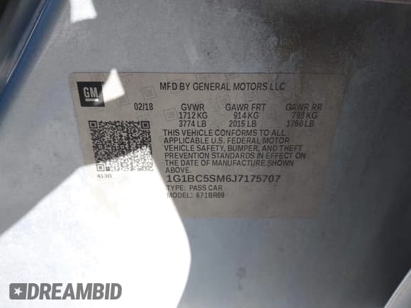 ✅ 2018 Chevrolet Cruze LS • VIN: 1G1BC5SM6J7175707 • Lot: 43652484. Wystawiony na IAAI z przebiegiem 133 689 mil. Bezpłatny archiwum sprzedaży aukcyjnych z USA i szczegółowy raport historii pojazdu na DreamBid. Zdjęcie 9.