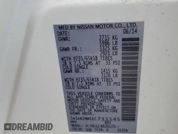 ✅ 2014 Nissan Pathfinder S • VIN: 5N1AR2MM1EC711145 • Lot: 61414965. Listed on Copart with 175,862 mi. Free auction sales archive from the USA and detailed vehicle history report at DreamBid. Image 13.