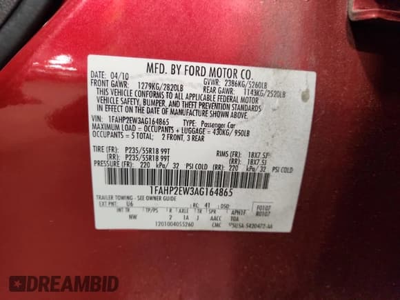 ✅ 2010 Ford Taurus SEL • VIN: 1FAHP2EW3AG164865 • Lot: 92816955. Listed on Copart with 143,808 mi. Free auction sales archive from the USA and detailed vehicle history report at DreamBid. Image 13.