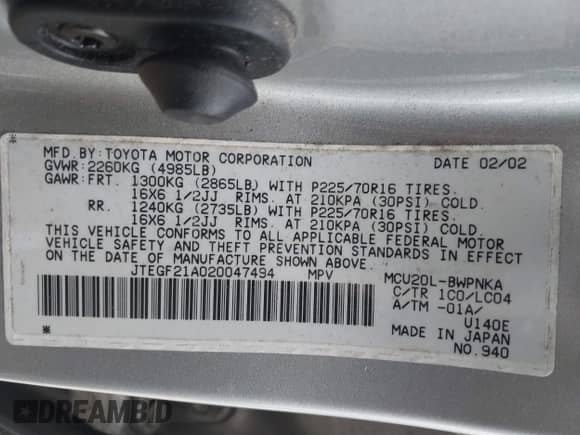 2002 Toyota Highlander z VIN JTEGF21A020047494, wystawiony jako IAAI lot #43327504 z przebiegiem 297 691 mil mil oraz . Historia ofert i sprzedaży dostępna na DreamBid. Obrazek 9.