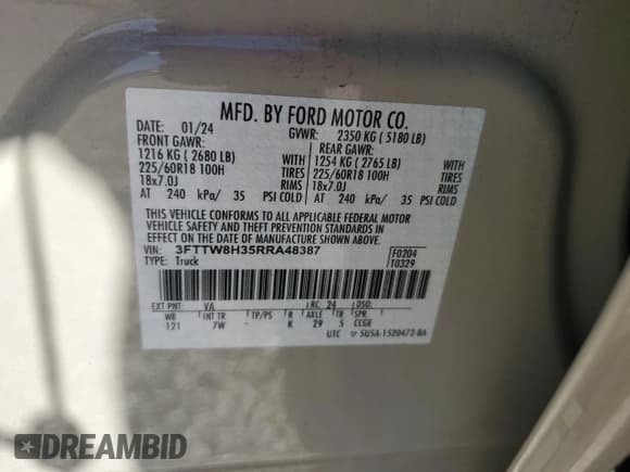 ✅ 2024 Ford Maverick XLT • VIN: 3FTTW8H35RRA48387 • Лот: 90637285. Опубликован ранее на Copart с пробегом 39 635 миль. Бесплатный доступ к архиву аукционных продаж из США и подробный отчёт об истории автомобиля на DreamBid. Изображение 13.