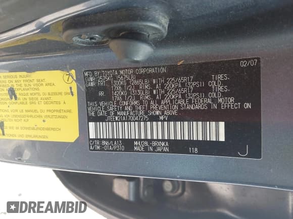 ✅ 2007 Toyota Highlander w/3rd Row • VIN: JTEEW21A170047275 • Lot: 42781519. Wystawiony na IAAI z przebiegiem 276 506 mil. Bezpłatny archiwum sprzedaży aukcyjnych z USA i szczegółowy raport historii pojazdu na DreamBid. Zdjęcie 9.