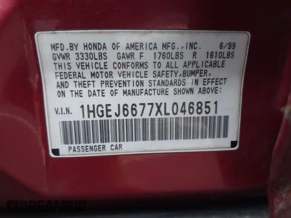 ✅ 1999 Honda Civic LX • VIN: 1HGEJ6677XL046851 • Лот: 43861788. Опубликован ранее на IAAI с пробегом 187 316 миль. Бесплатный доступ к архиву аукционных продаж из США и подробный отчёт об истории автомобиля на DreamBid. Изображение 9.