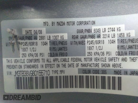 ✅ 2008 Mazda CX-9 Touring • VIN: JM3TB38V980155710 • Лот: 31924077. Опубликован ранее на IAAI с пробегом 309 206 миль. Бесплатный доступ к архиву аукционных продаж из США и подробный отчёт об истории автомобиля на DreamBid. Изображение 9.